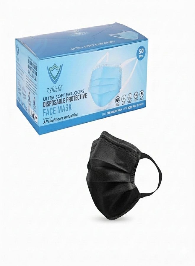 7Shield Face Mask | Disposable Safety Masks for Women & Men | ISO CE GMP SITRA Certified Soft Fabric Spandex Earloop strings, Comfortable & Secure Face Masks (Black-50) - Image 1